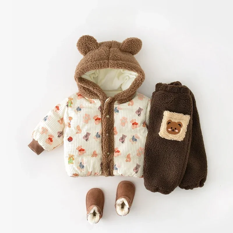 

Winter Baby Parkas Cartoon Bear Quilted Warm Toddler Girls Hooded Coat Fur Lining Thicken Boys Jackets