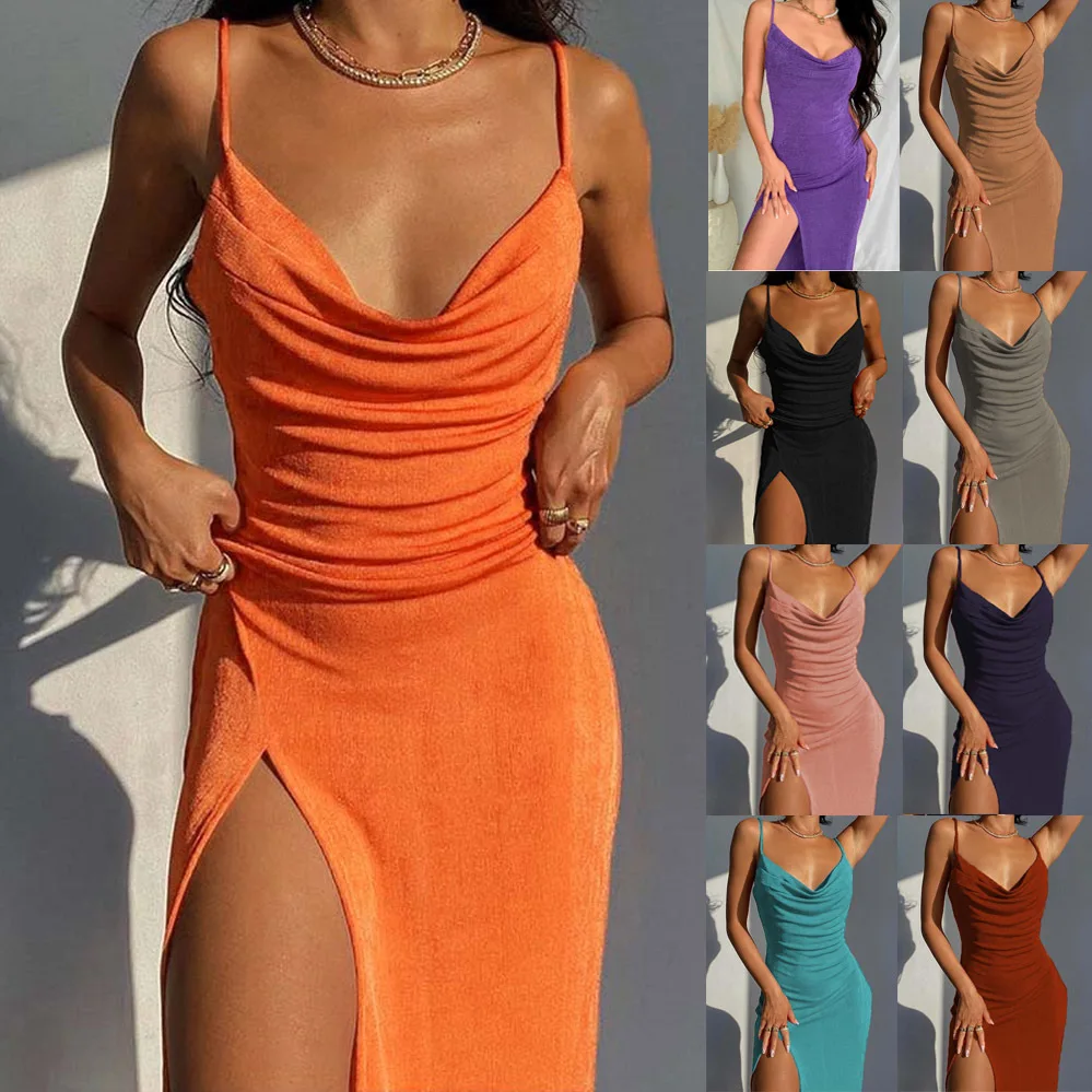 2025 Fashion Women's Clothing Spring New Temperament Sexy Glossy Knitted Split Suspender Dress Cw72504