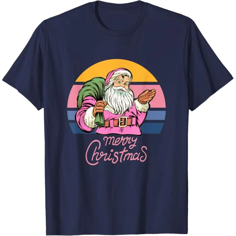 Christmas Merry Funny Retro Pink Santa Claus Vintage Sunset T-Shirt