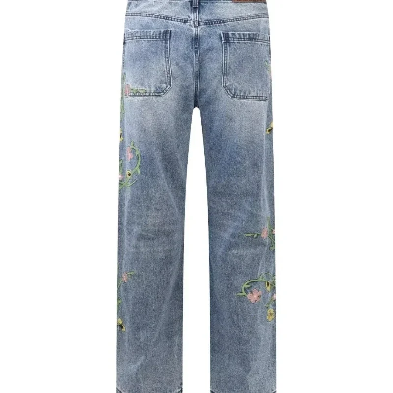

Design Embroidered Floral Denim Trousers Men's High Street Casual Pants Loose Draped Wide-leg Pants Trendy Purple Jeans