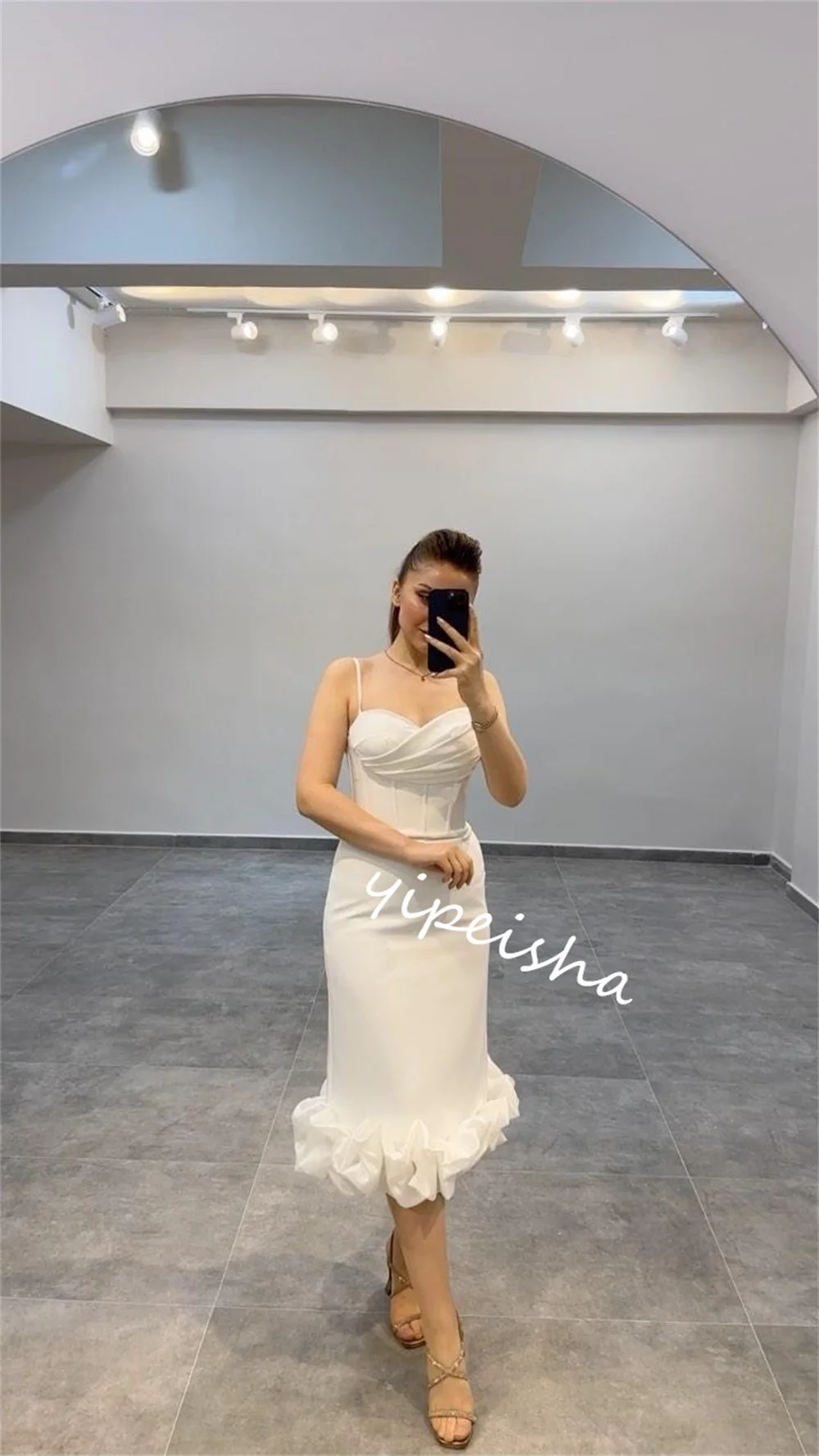 Customized  Evening Jersey Ruched Cocktail Party A-line Spaghetti Strap Bespoke Occasion Gown Knee Length Dresses Saudi Arabia