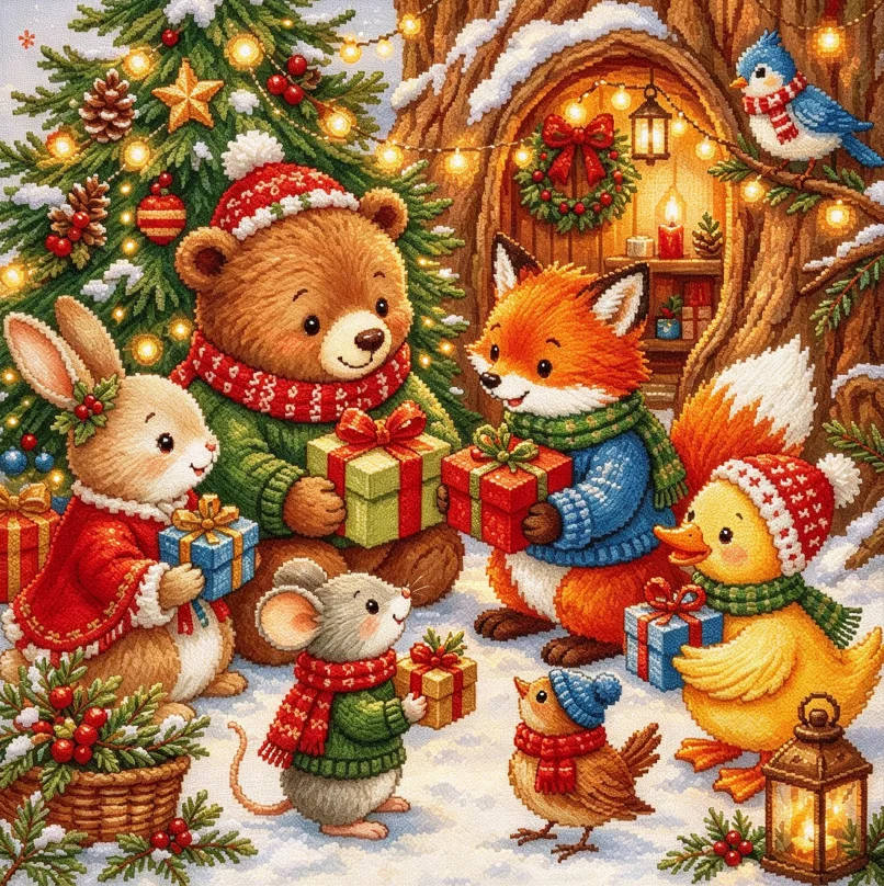 Winter Wildlife Jigsaw Puzzle Set, Bear Fox Rabbit Mouse Christmas Tree Cozy Cabin Scene Handcraft Decor For Indoor Display