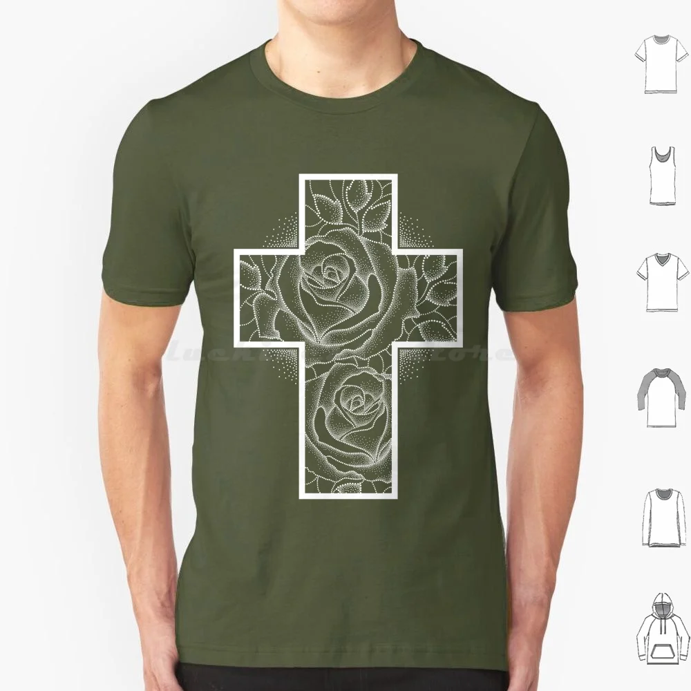 Dotwork Cross With Roses In Black. T Shirt Big Size 100% Cotton Dotwork Latin Cross Rose Flower Dots Pointillism Sacred Sacral