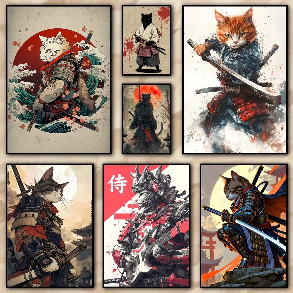 Japanese samurai cat Painting Calligraphy Canvas Posters Wallart for Living Room Painting Decoration Room Wall Decor