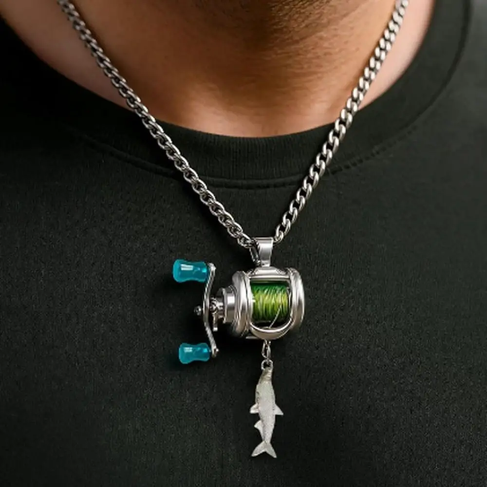Mini Fishing Reel Necklace Fishing Rotating Handle & Moving Line Guide Spinning Reel Keychain Backpack Charm for Fishermen