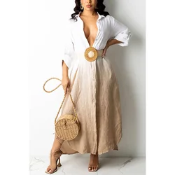 Vestido Midi Gradiente Casual Khaki Plus Size, Gola Turnover, Mangas compridas divididas, Vestido longo