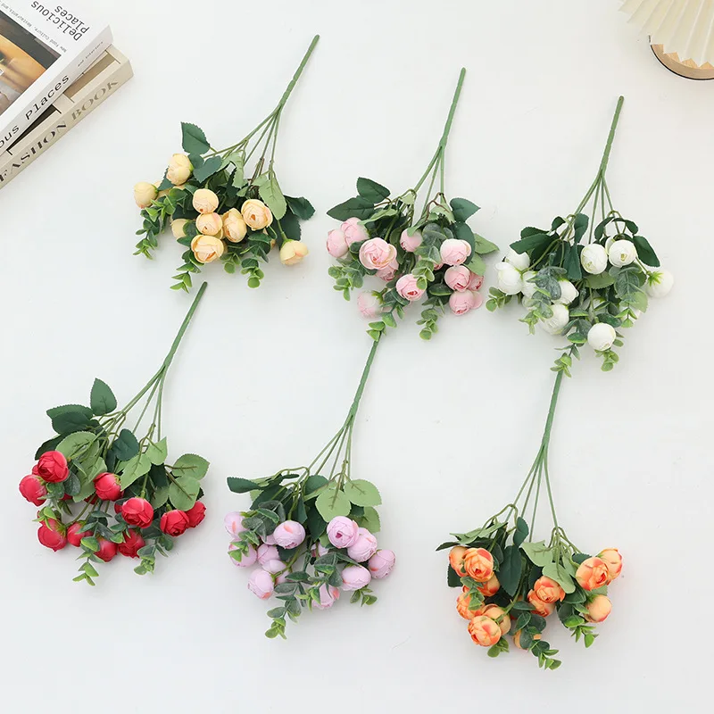 31CM Artificial Multi Head Exquisite Rose Silk Flower Small Tea Bud Wedding Hotel Set Decoration Ornaments