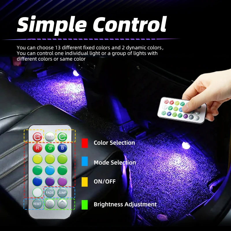 Kabellose LED-Autoinnenraumbeleuchtung mit Fernbedienung 13 Farben Diamant-Tauchlicht Auto-Dach- & Fußraum-Atmosphärenlampe Deko – Detail 3