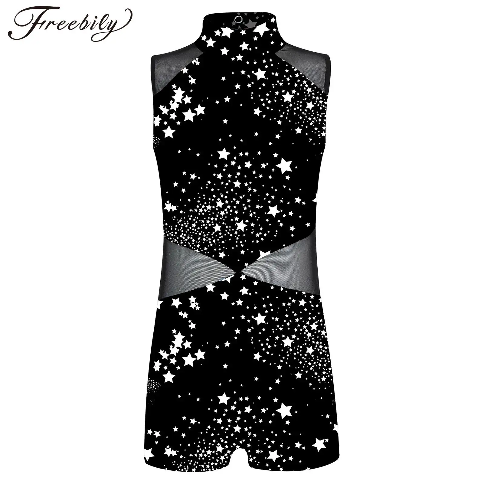 Kids Girls Ballet Dance Gymnastics Leotard Sleeveless Print Sheer Mesh Bodysuit Figure Ice Skating Yoga Sport Jumpsuit Swimwear