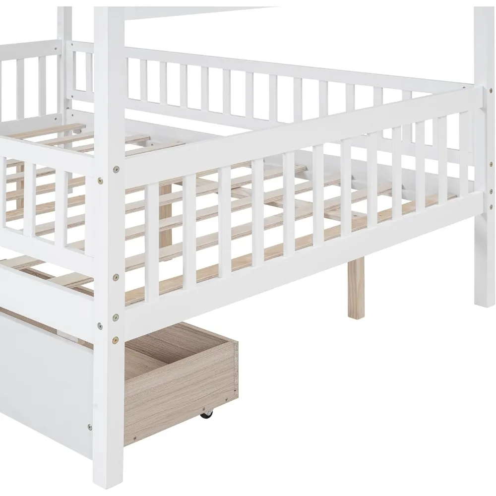 White Wooden Full-Size Children's Bed with Storage Drawers and Side Rails