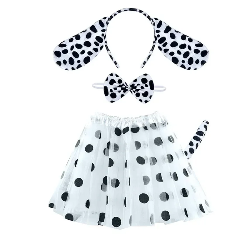 犬の耳のヘッドバンド,蝶ネクタイの尾,チュチュスカート,コスプレ,パーティーの装飾が施されたハロウィーンのダルメシアンコスチューム
