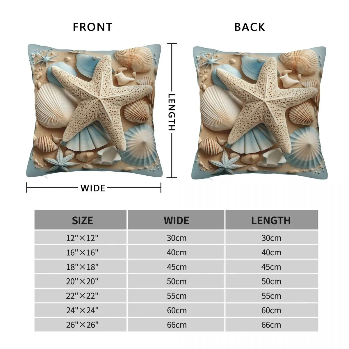 Coastal Blue Seashells Starfish Square Pillowcase Polyester Linen Velvet Pattern Zip Decorative Car Cushion Cover