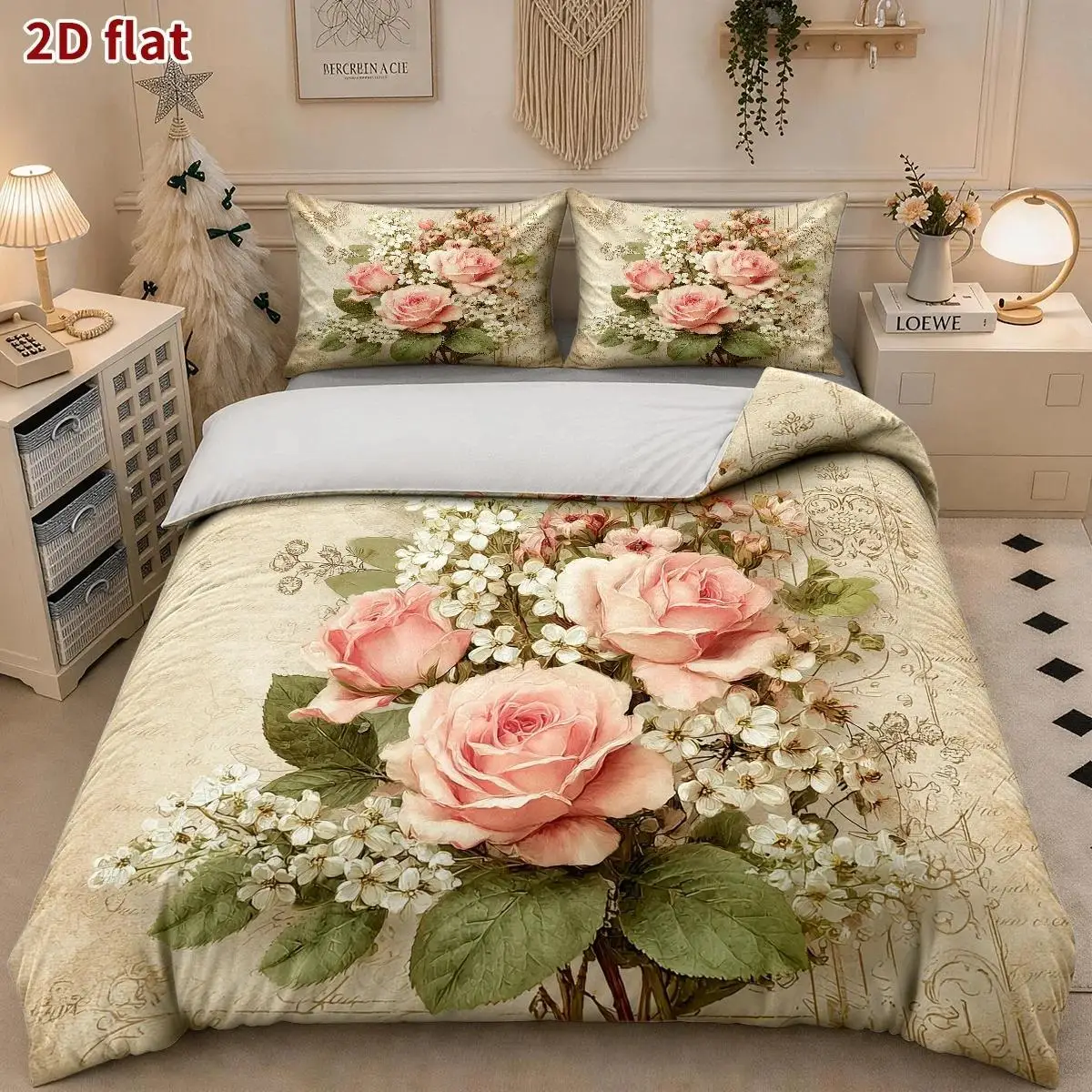 3-Piece Quilt Cover Set, 1 Quilt Cover + 2 Pillowcases (Without Filling), Pink Rose Bouquet, Vintage Style, Valentine's Day, Home Bedding, Three-Piece Quilt Cover Set, Suitable for All Seasons, Machine Washable, Invisible Zipper, Suitable for Home, Dormitory, Master Bedroom, Guest Room