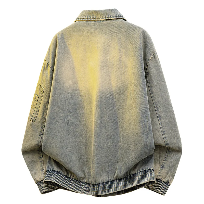 Men Denim Coat Spring Autumn Vintage Turn Down Collar Male Cargo Jacket Gradient Color Long Sleeve Pocket Zipper Man Outerwear