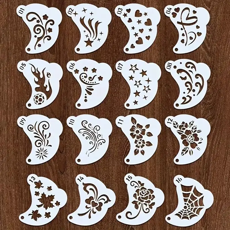 16Pcs Durable PET Plastic Washable Template Reusable Face Painting Stencils With Assorted Floral Spiderweb Heart Designs.~