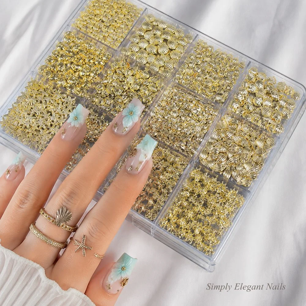 12 Grid Golden Ocean Nail Studs Kit Comes With Tweezers Mixed Conch Sun Shell Nail Metal Charms Beach Party Decor