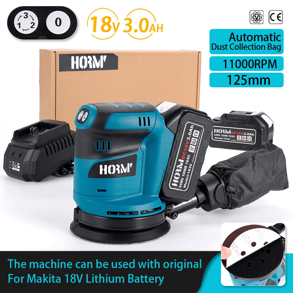 125mm Electric Sander 90W 3 Speeds Cordless Wood Grinder Polishing Grinding Machine Tool 8 Hole Sandpaper For Makita 18V Battery