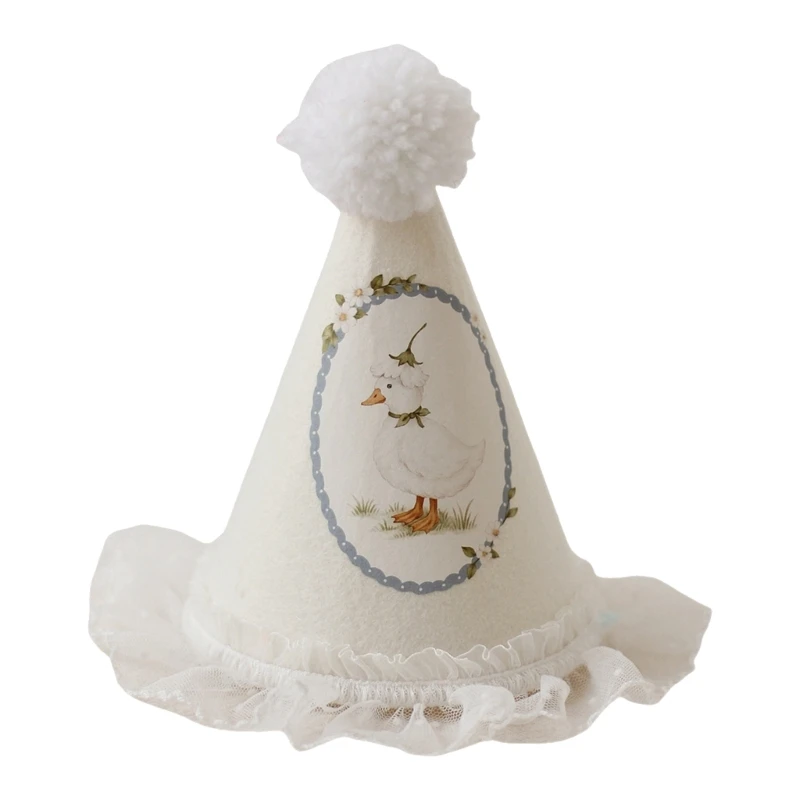 Lovely Party Hat Features Delicate Lace Trim Soft Pompoms Hat For Birthday