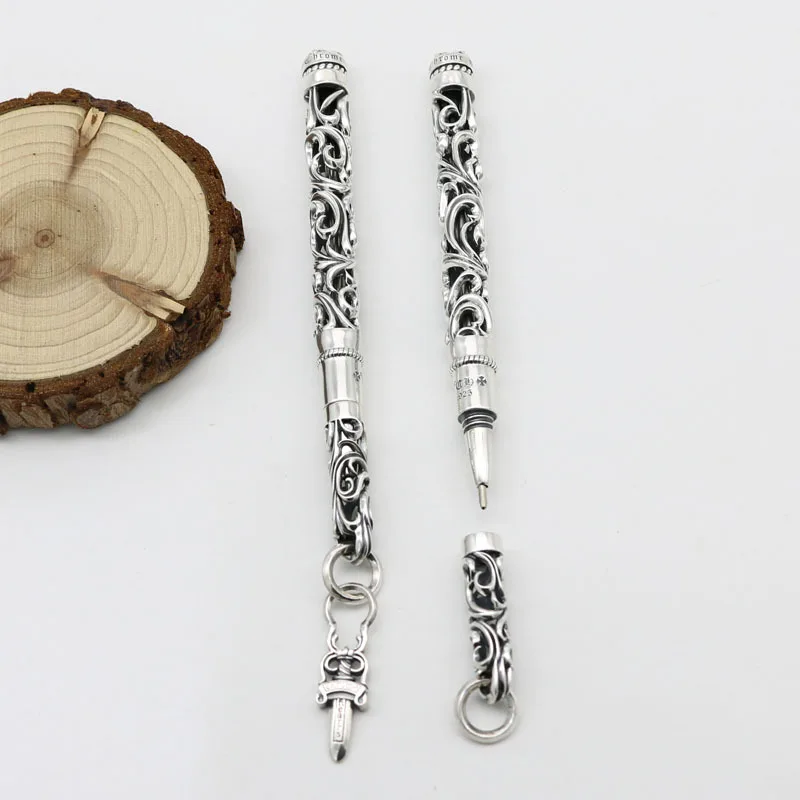 S925 sterling silver handicraft signing pen high block office pen all silver cut out carved ballpoint pen teacher gift