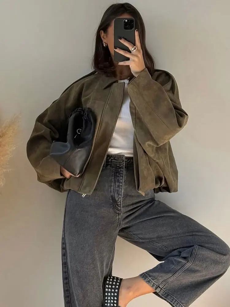 HH femmes marron vert veste en daim ample décontracté Bomber manteau revers fermeture éclair à manches longues vestes Vintage dame moto vêtements d'extérieur