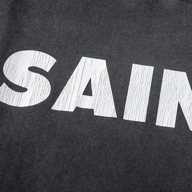 Classic Logo Washed Cracked Print Black Long Sleeve Vintage Saint Sweatshirt Cotton Loose Hiphop Streetwear Men Women Pullover
