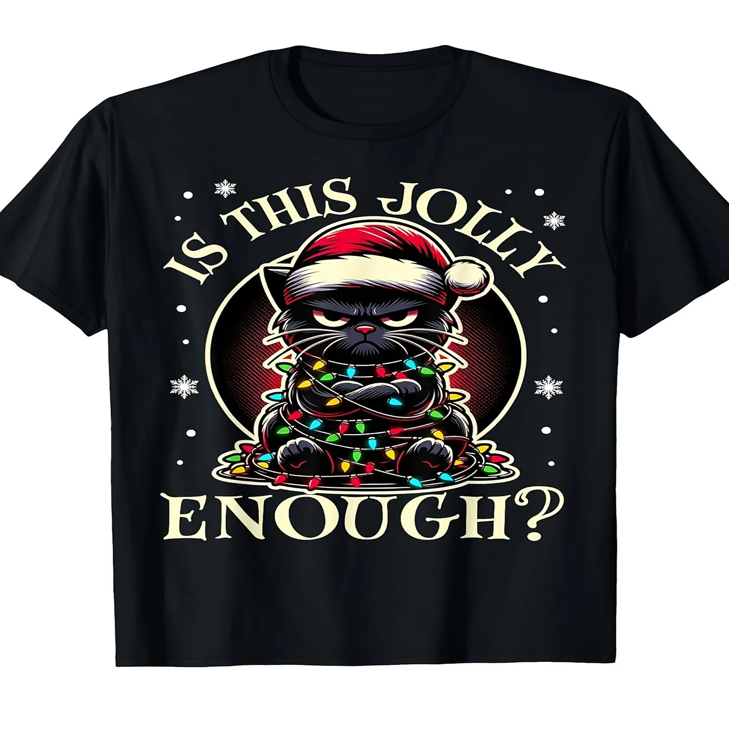 Funny Black Cat Christmas Lights T-Shirt - Unisex Retro Graphic Tee with Jolly Text, 220GSM Pure Shirt for Men Women, Casual Year-Round Wear for Holiday Parties Everyday Outfits merry christmas tee, christmas gift