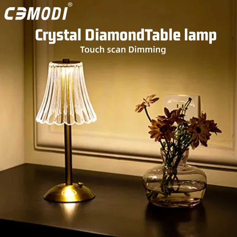 

Хрустальная светодиодная настольная лампа, перезаряжаемый сенсорный контроль, 3-цветный ночник с регулируемой яркостью для спальни, настольная USB-лампа для прикроватной тумбочки, чтения,