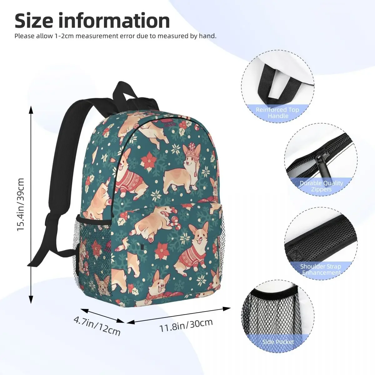 Winter Corgis In Homely Teal Backpacks Boys Girls Bookbag Students School Bags Laptop Rucksack Shoulder Bag Large Capacity