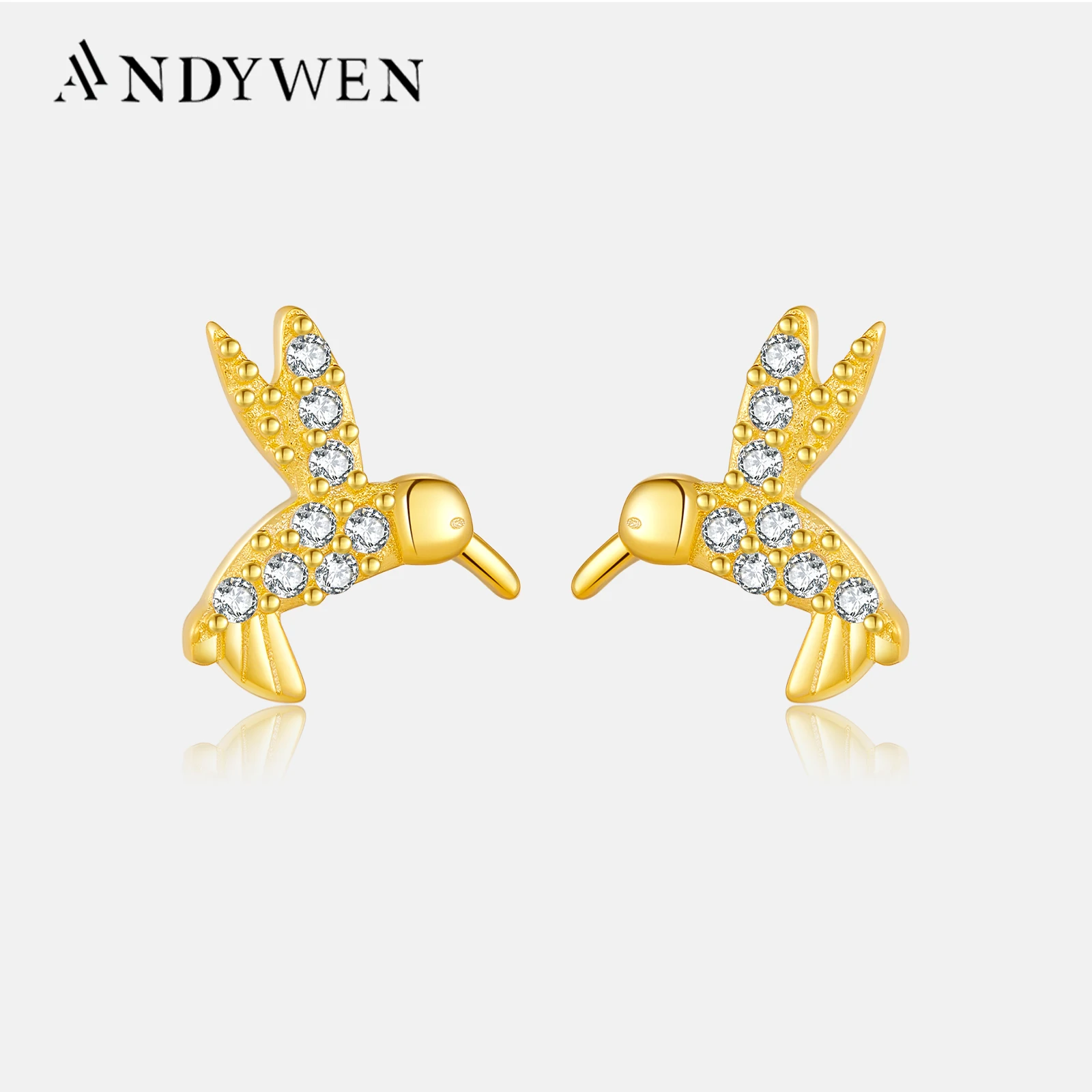 ANDYWEN 100% 925 Sterling Silver Zircon CZ Bird Stud Earring Piercing Pendientes Women Luxury Fine Jewelry 2024 Rock Punk Jewels