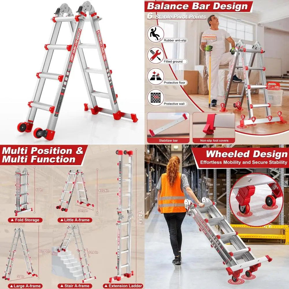 14フィート折りたたみ式伸縮はしご（ホイールとスタビライザーバー付き）- 耐荷重330ポンド、多段階伸縮式A型はしご