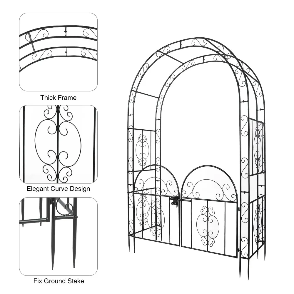 84in High Metal Garden Arbor with Gate, Heavy Duty Wide Garden Arch, Metal Arch Trellis with Gate for Climbing Plant, Black