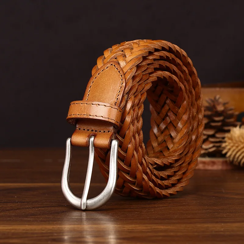 Vintage Hand-Woven Leather Belt with Pin Buckle, Made of Pure Cowhide, Stylish, Casual and Versatile