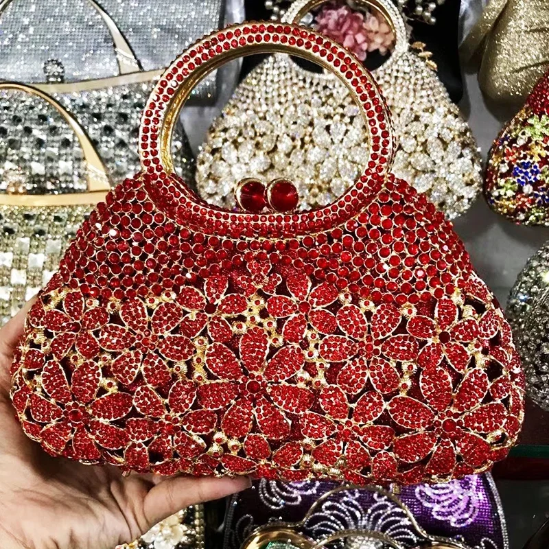 

Red Flower Rhinestone Crystal Wedding Bag High Quality Gold Metal Shoulder Handbags Fashion Women’s Party Prom Mini Minaudiere