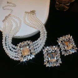 Multi Layer Inlaid Rhinestone Square Leaf Pearl Necklace Earring Light Luxury Exquisite Wedding Jewelry Sets for Women