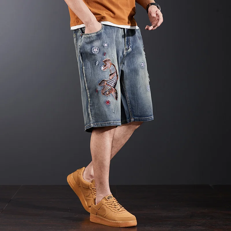 

Chinese Style Koi Embroidered Denim Shorts Men's Ripped Trendy Retro Street Casual Fashion Personality plus Size Shorts