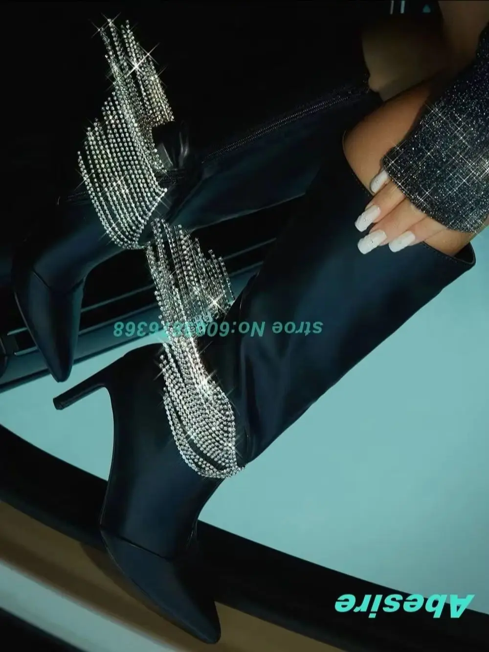 Pointed Toe Thin Heels Zipper Shoes for Women Bling Fringe Crystal Patchwork Solid Knee High Boots Concise Elegant Fashion Shoes
