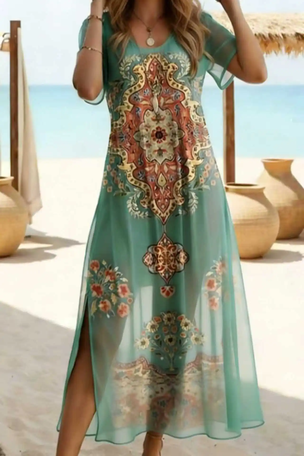 

Женское летнее пляжное платье-накидка макси из прозрачного шифона мятно-зеленого цвета с коротким рукавом, V-образным вырезом, этническим принтом и боковым разрезом в европейско-американском стиле
