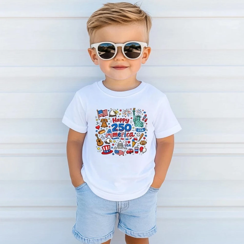 Happy 250 T-Shirt 1776-2026 USA 250th Anniversary Shirt Kids Doodle Patriotic USA Tee Boys and Girls Fashion Casual Cotton Tops