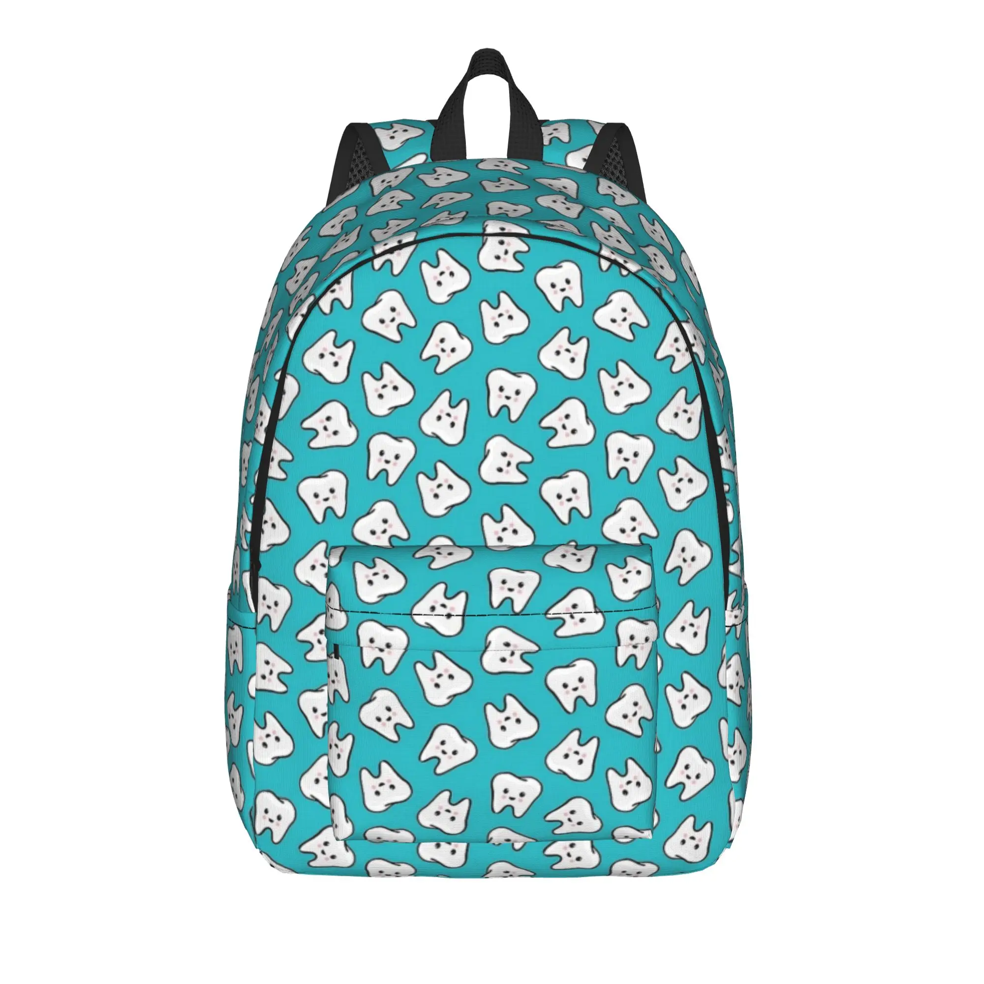 happy teeth on teal Backpack  Men Polyester Travel Backpacks Big Kawaii School Bags Rucksack