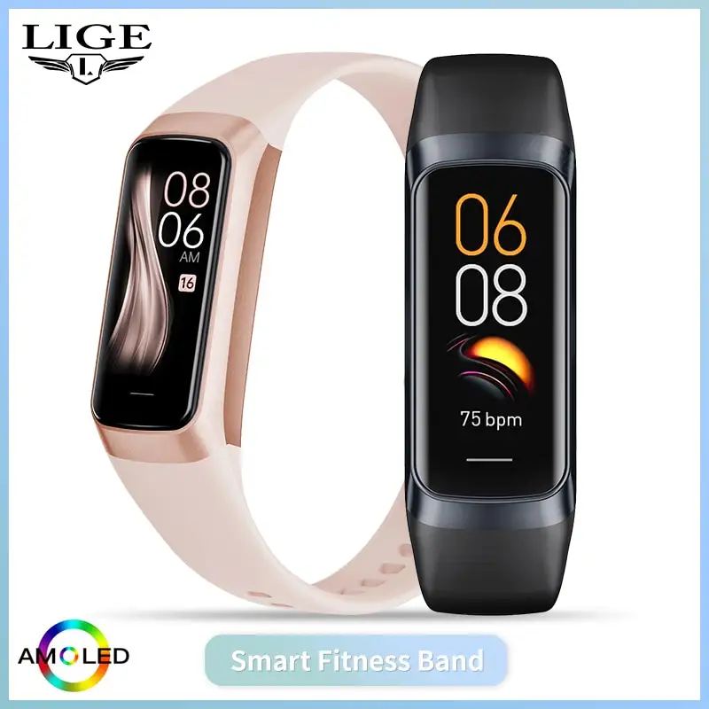 ساعة LIGE الذكية بشاشة Amoled للرجال 2023 سوار ذكي للنساء مراقبة معدل ضربات القلب والدم مقاومة للماء سوار رياضي لتتبع اللياقة البدنية