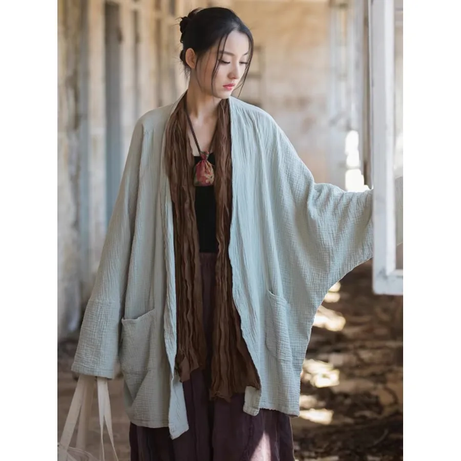 Loose Cotton Linen Women's New Style Textured Open Cardigan Tea Clothes Tai Chi Zen Study Artistic Outerwear Chinese Style Coat