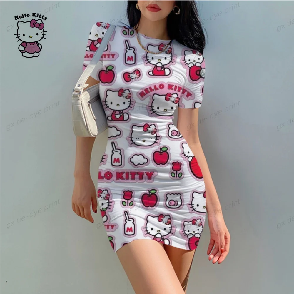 Vestido Hello Kitty 3D para mulheres, senhora, meninas, bodycon sexy, o-pescoço, manga curta, bolinhas finas, mini vestidos lápis, verão, 2024