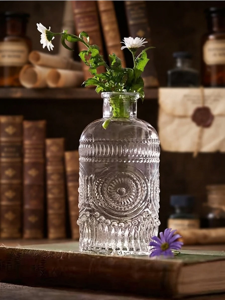 Geprägte Glasvase Retro Nordisches Dekor Moderner Blumentopf Minimalistischer Tisch-Blumenhalter für Wohnzimmer, Regal, Fenster