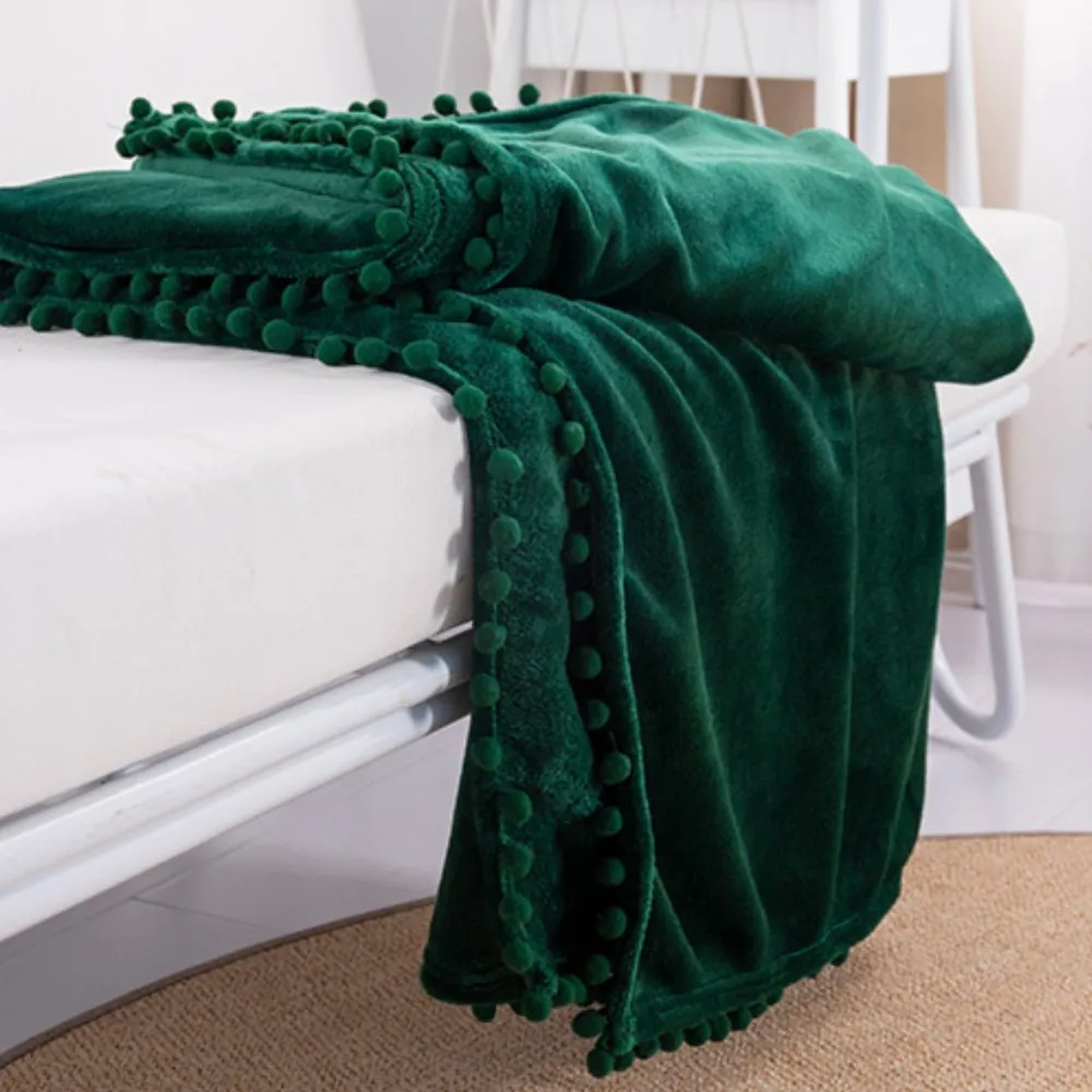 Christmas Green Fleece Throw Blanket for Couch with Pom Fringe Soft Cozy Fuzzy Flannel Gift Large Blanket for Sofa Bed