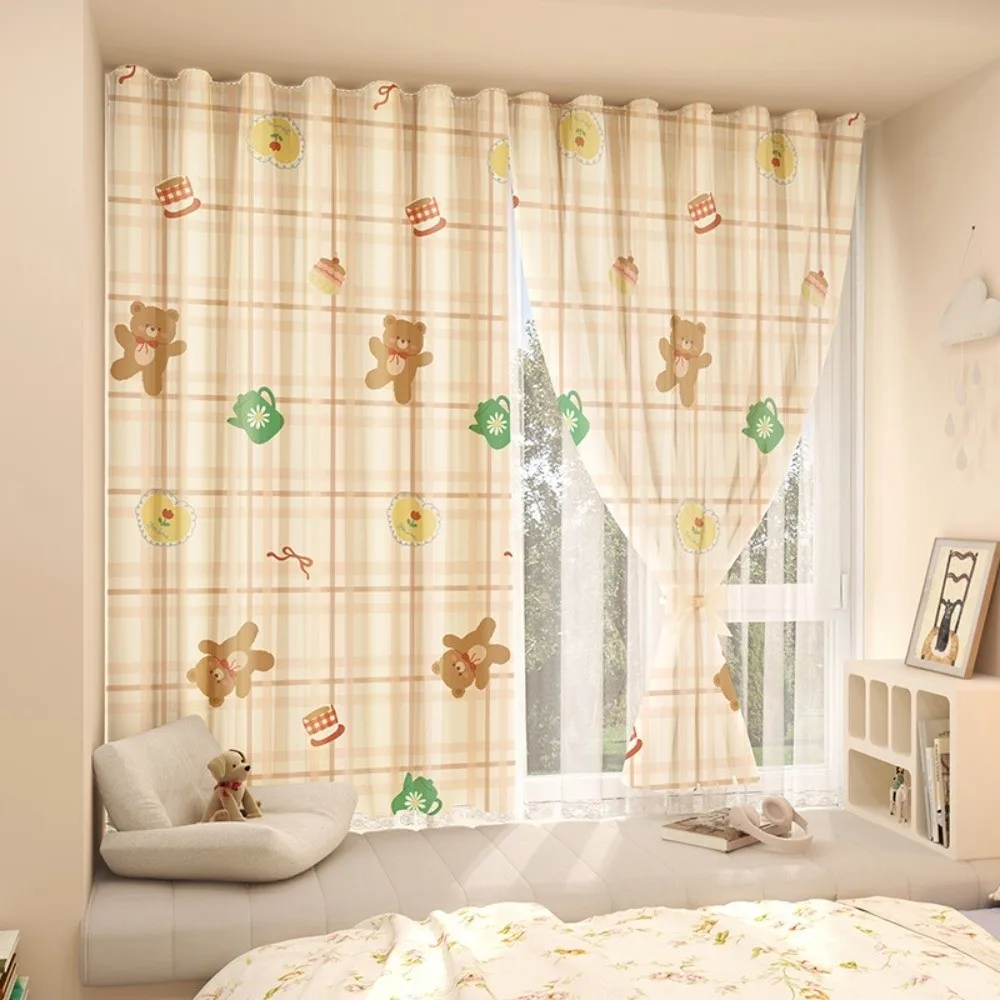 

1 Pc Home Decoration No Drill Double Layer Curtain Cartoon Pattern Self-adhesive Bedroom Curtains with Rope Window Drapes Girl