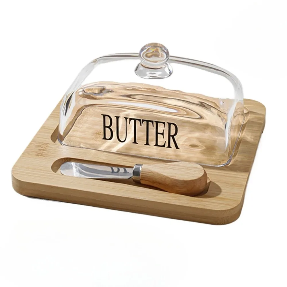 

Wooden Butter Dish with Glass Lid and Knife Butter Keeper Storage Box Eco Friendly Kitchen Countertop Cheese Container