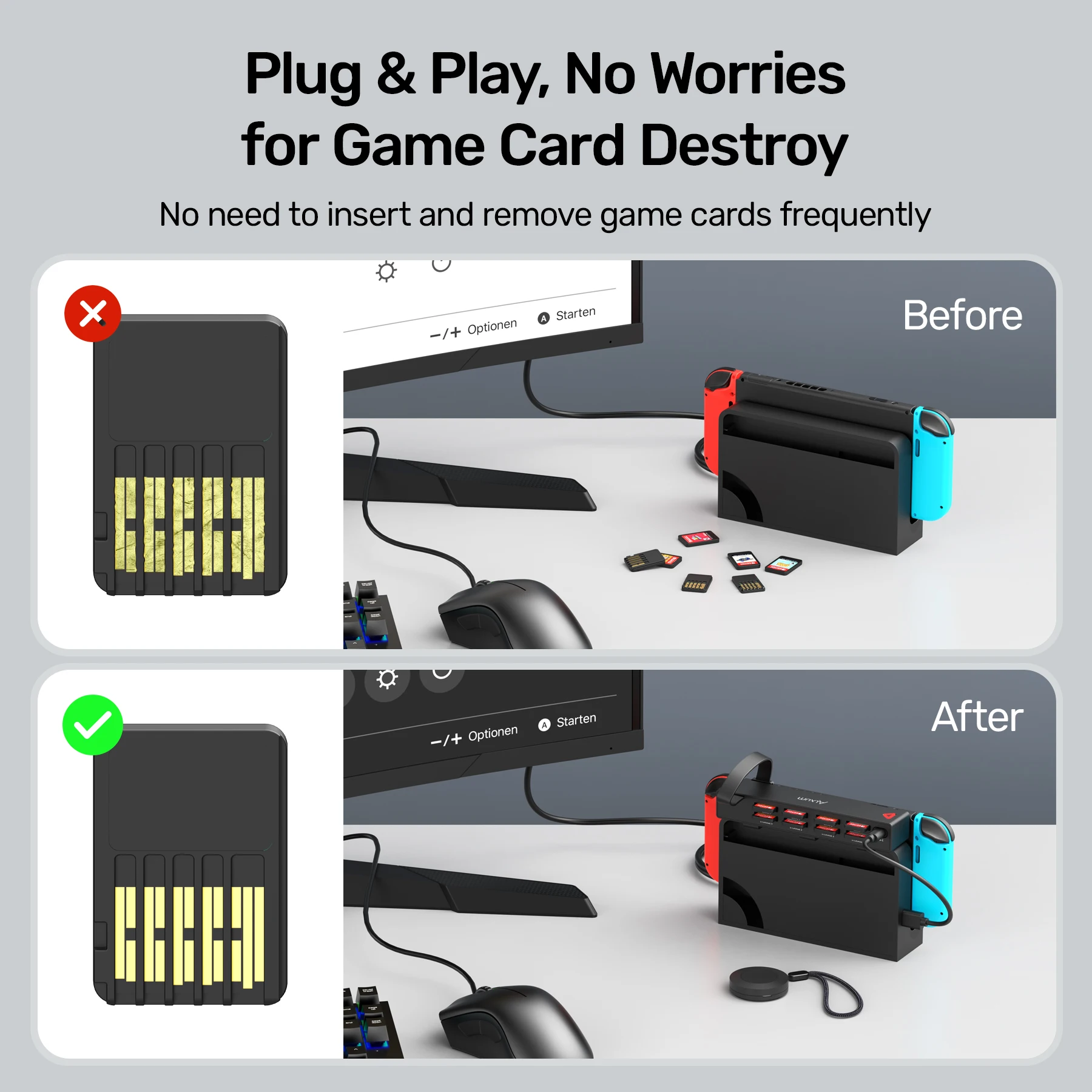 Game Card Reader for Nintendo Switch 1 in 4 Switcher with 4 Storage Slots Wireless Remote Gamers Accessories Plug & Play Black