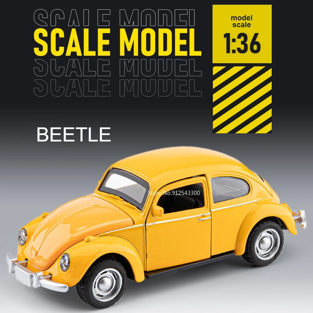 1:36 Scale Beetle Model Car Toy Doors Opened Alloy Body Miniature Models Pull Back Rubber Tires Vehicle Livingroom Decorations