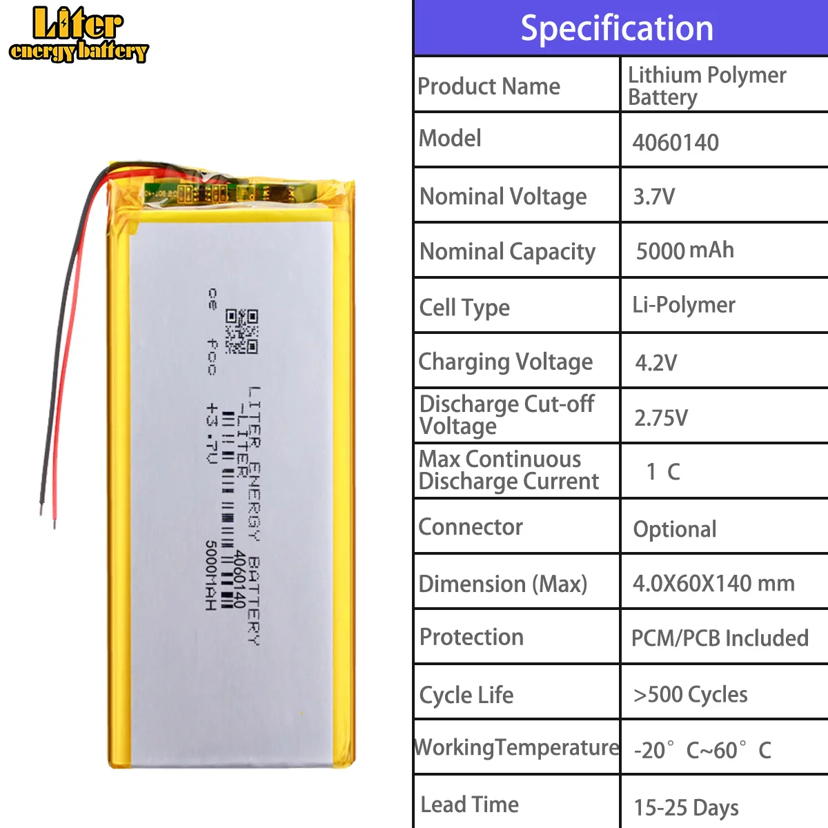4051135 3000mah 4060140 5000mah 4066160 5000mah 4088110 5000mah 4089110 5000mah 4092110 5000mah 3.7V polymer lithium battery