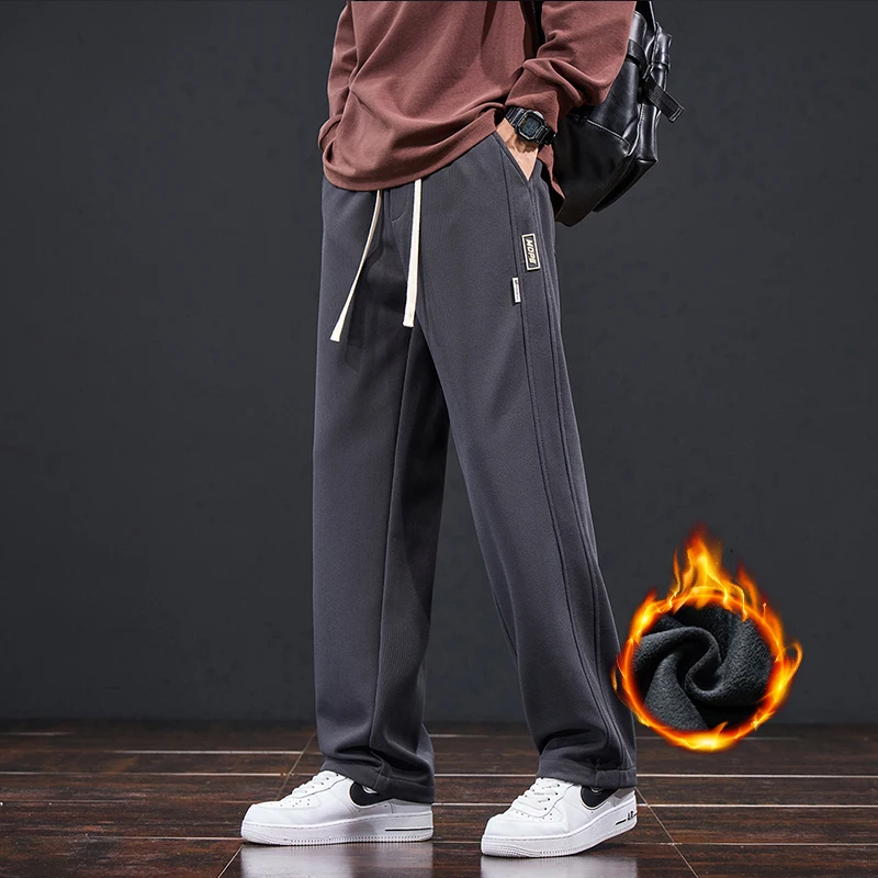 Winter Elastic Men's Fleece Casual Pants Drawstring Thicken Sweatpants Male Korean Fashion Straight Wide Baggy Plush Trousers